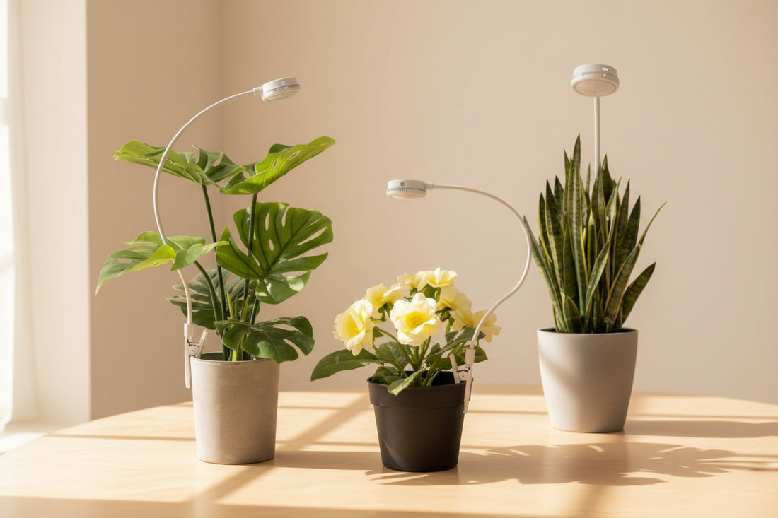 Pot clip grow lights for indoor plants with full spectrum LED, timer, dimming levels, and flexible gooseneck. Energy-efficient 5V USB