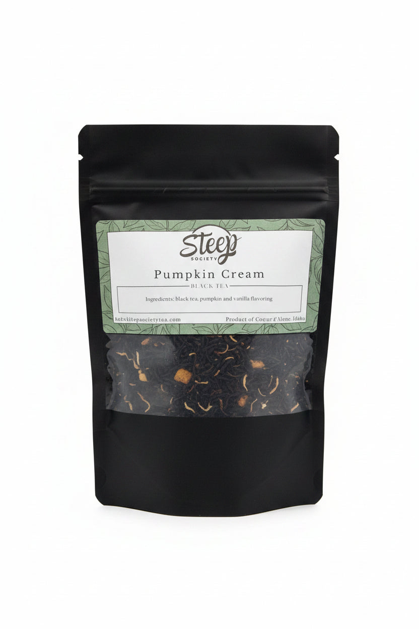 Cozy up with Pumpkin Cream Black Tea, a rich loose-leaf blend with creamy pumpkin and vanilla flavors. Perfect hot or as a latte for fall tea lovers.