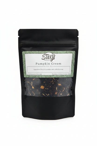 Cozy up with Pumpkin Cream Black Tea, a rich loose-leaf blend with creamy pumpkin and vanilla flavors. Perfect hot or as a latte for fall tea lovers.