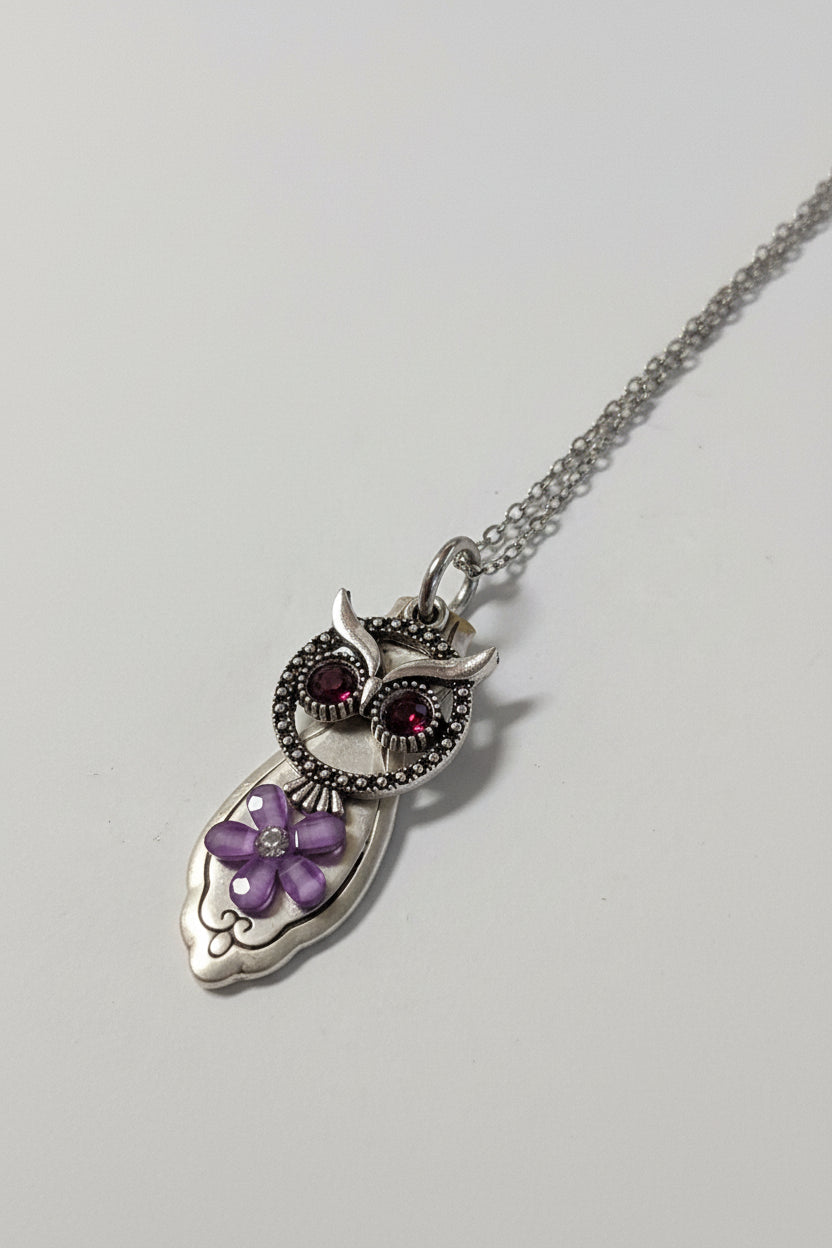 Handcrafted owl necklace made from vintage silverware. 1" pendant on 18" chain. Unique, upcycled jewelry with charm, symbolism, and timeless style.