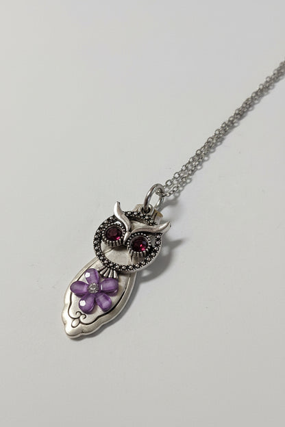 Handcrafted owl necklace made from vintage silverware. 1" pendant on 18" chain. Unique, upcycled jewelry with charm, symbolism, and timeless style.