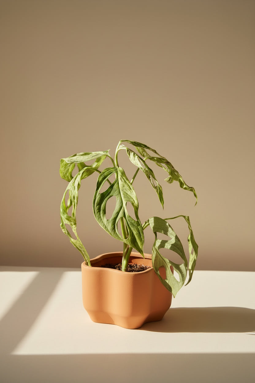 Monstera adansonii Mint Variegated is a rare trailing plant with minty marbled leaves and iconic fenestrations—perfect for collectors and jungle-style decor.