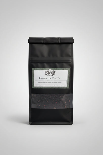 Indulge in Raspberry Truffle Black Tea with rich chocolate and sweet raspberry flavors. Premium loose leaf black tea, perfect hot or iced. 30–45 servings.
