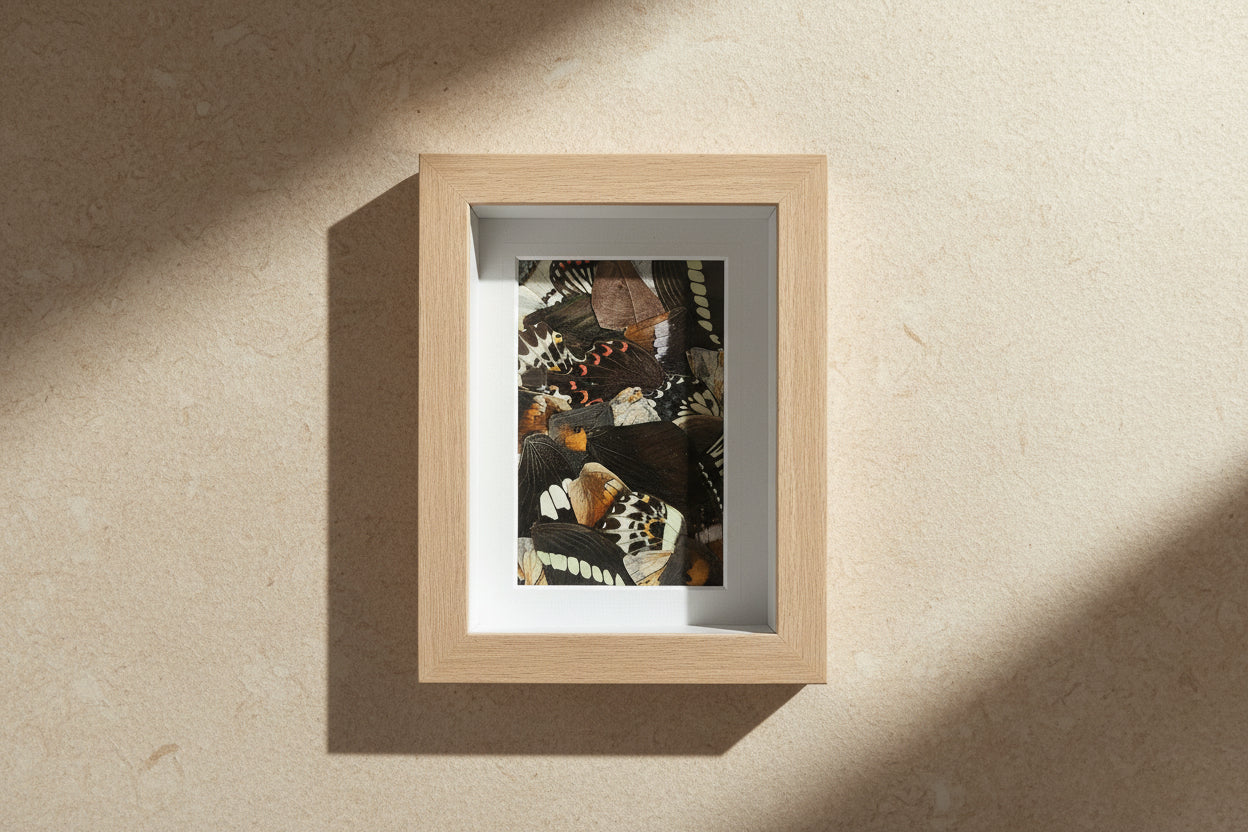 Real butterfly wing mosaic art made with ethically sourced wings, celebrating transformation and nature’s beauty in a framed mixed-media wall piece.