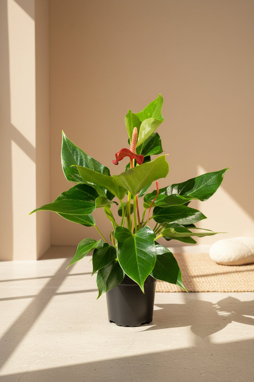 Red Anthurium (Flamingo Flower) features glossy heart-shaped blooms, lush foliage, and long-lasting color—perfect for bright, tropical indoor spaces.