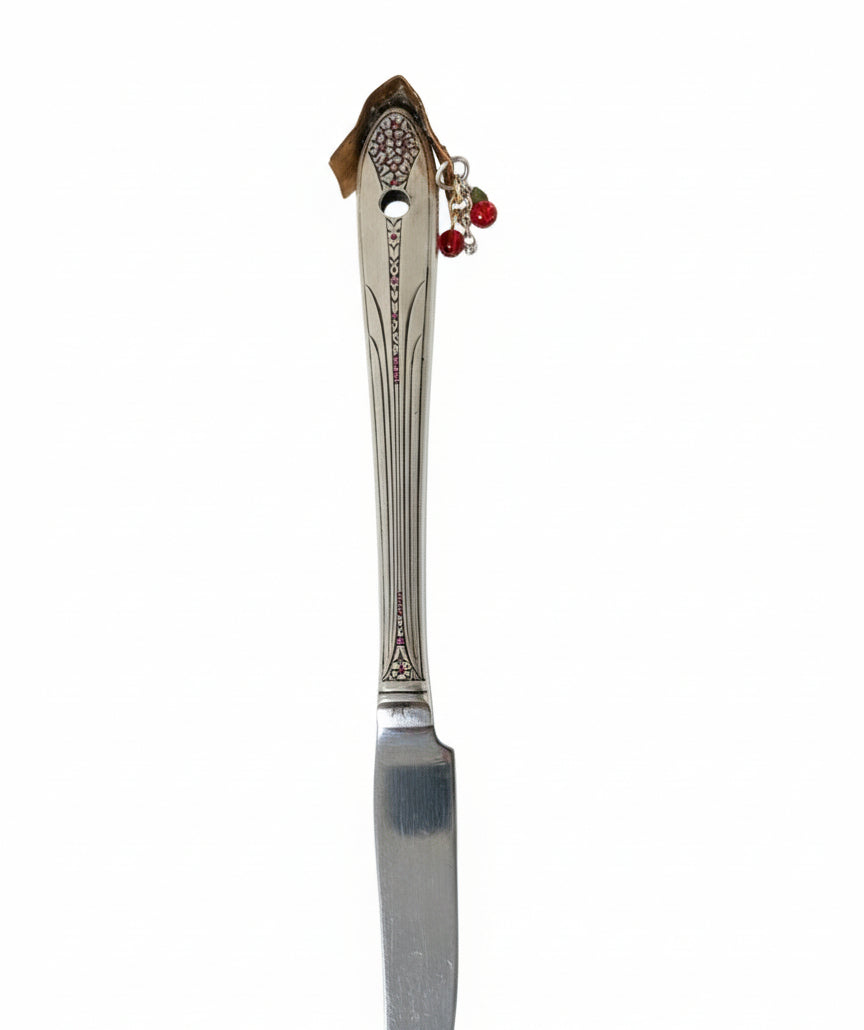 Handcrafted silverware birdhouse plant stake by KStonely. Upcycled, hand-painted, and beaded—whimsical cottagecore décor perfect for adding charm to any plant.