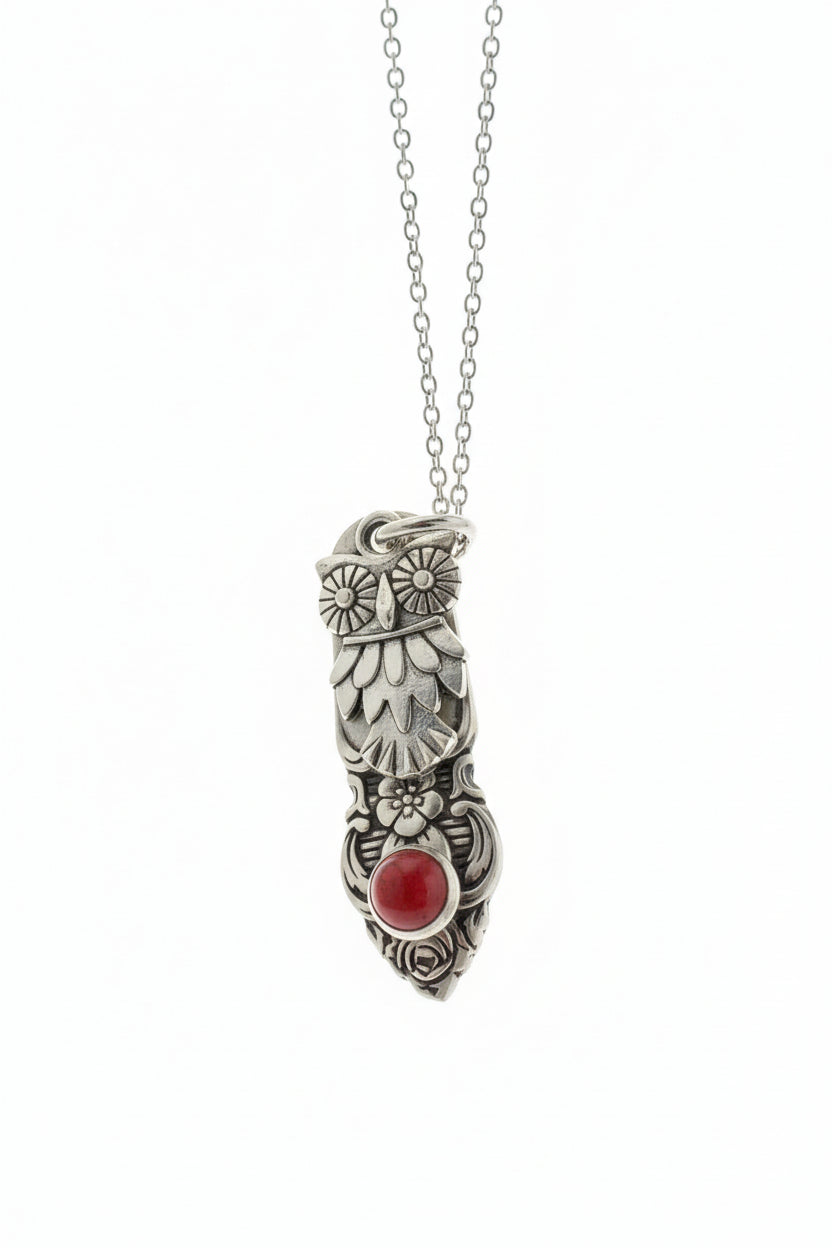 Handcrafted owl necklace made from vintage silverware. 1" pendant on 18" chain. Unique, upcycled jewelry with charm, symbolism, and timeless style.