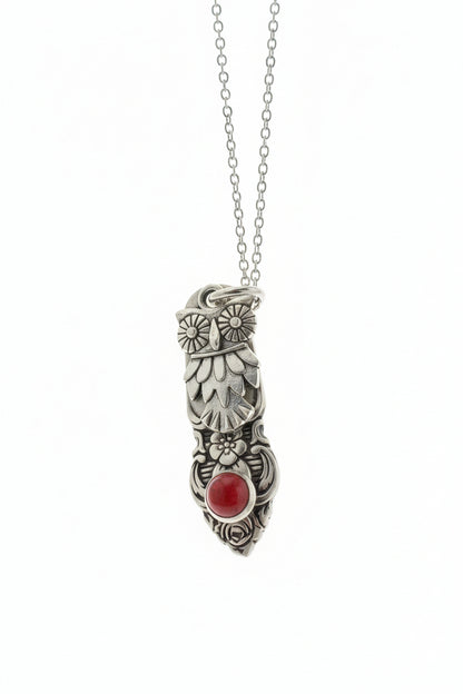 Handcrafted owl necklace made from vintage silverware. 1" pendant on 18" chain. Unique, upcycled jewelry with charm, symbolism, and timeless style.