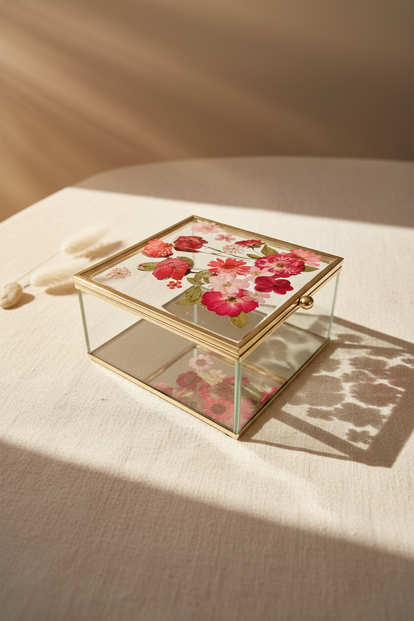 Floral mirrored keepsake and jewelry box with real pressed flowers. A 5" botanical glass box by artist Angel Singh, blending elegant storage with preserved floral art.