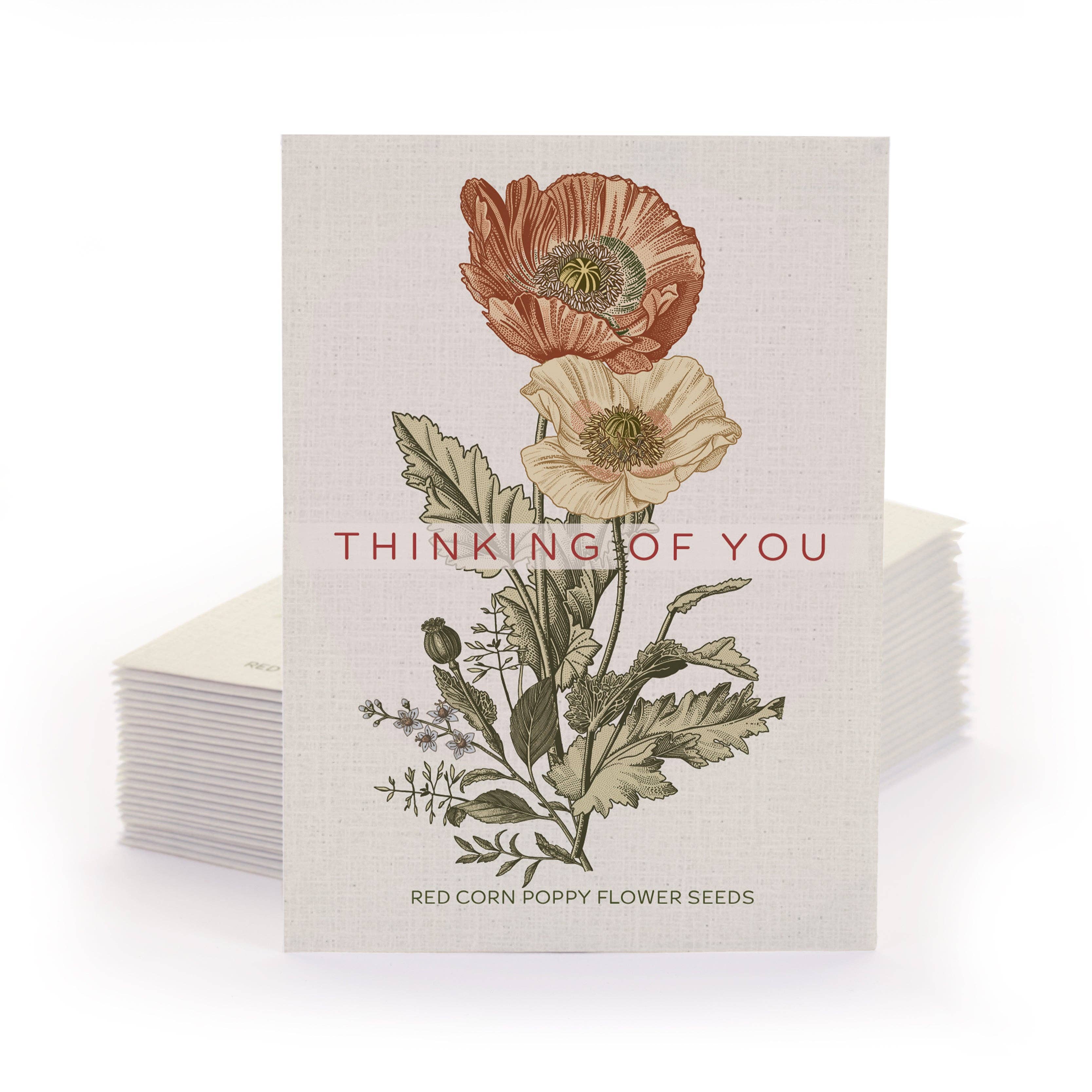 Thinking of You vintage red corn poppy seed packets. Classic remembrance flowers with Victorian art — an easy-to-grow, meaningful garden gift.