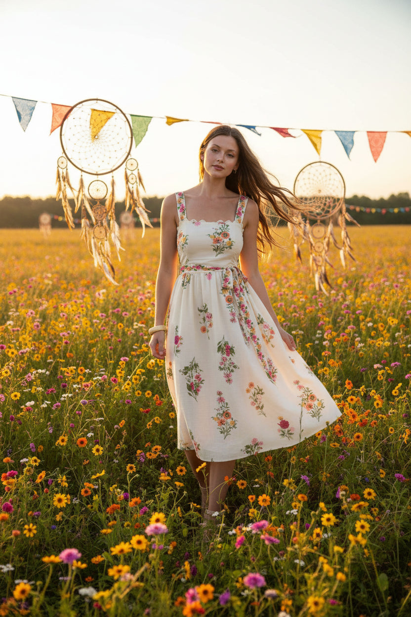 Romantic floral border print midi dress with scalloped neckline, waist tie, and flowing silhouette. Feminine, vintage-inspired, and effortlessly elegant.