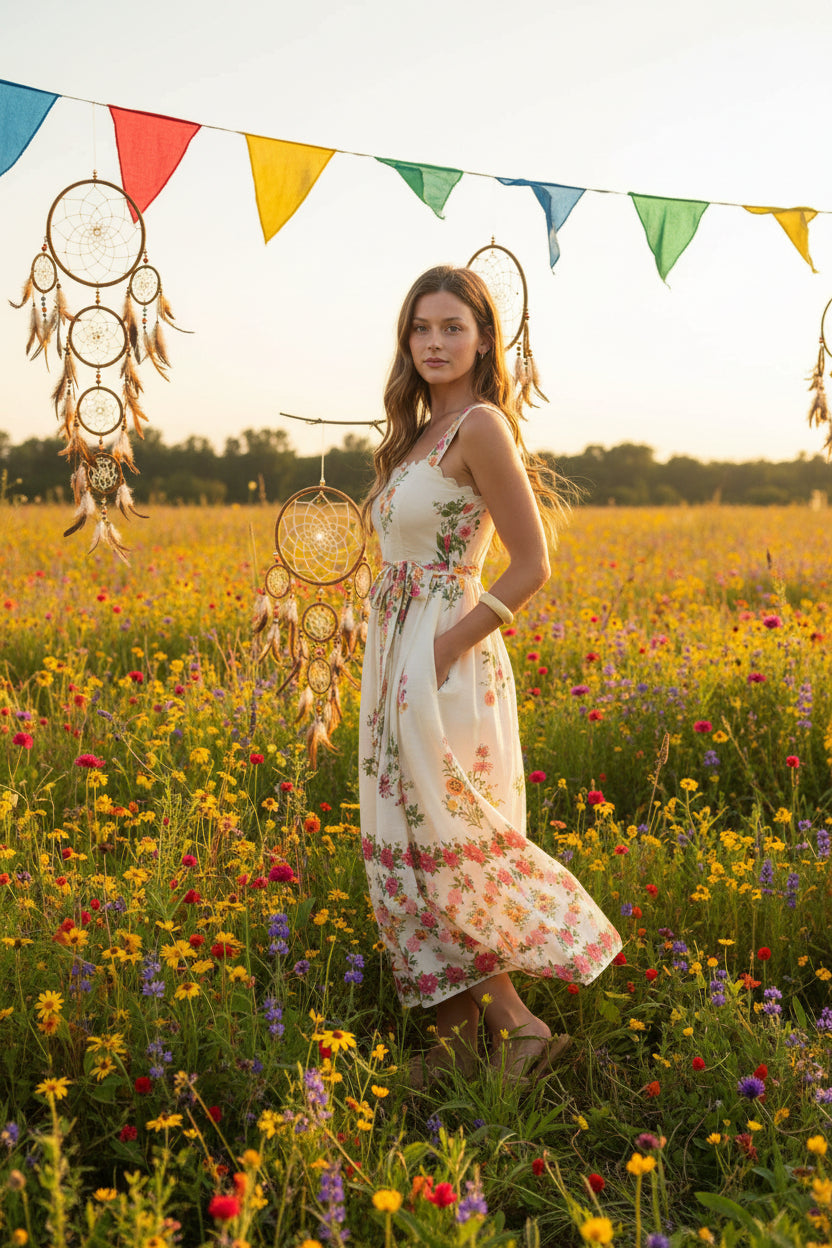 Romantic floral border print midi dress with scalloped neckline, waist tie, and flowing silhouette. Feminine, vintage-inspired, and effortlessly elegant.