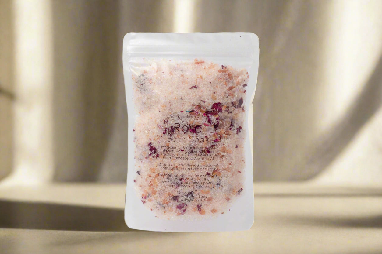 Handcrafted 5 oz botanical bath salts in heat-sealed pouches. Plant-based, aromatic blends with essential oils &amp; florals for a calming, skin-softening soak.