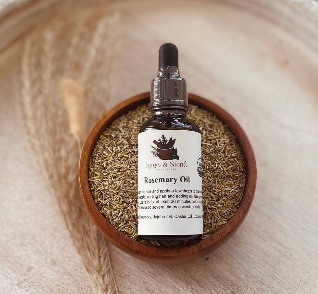 Rosemary Hair Oil with almond, coconut &amp; vitamin E. Infused with carnosic acid to support scalp vitality &amp; healthy-looking, shiny hair. Vegan &amp; natural.