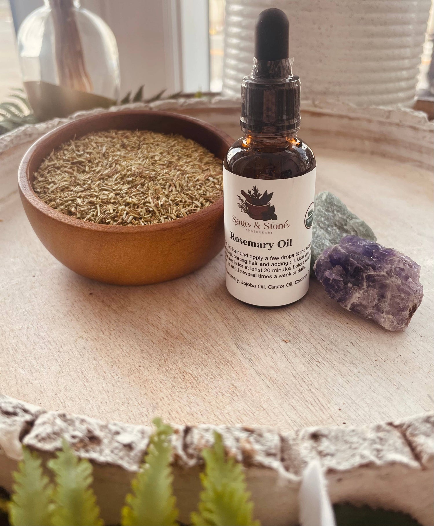 Rosemary Hair Oil with almond, coconut &amp; vitamin E. Infused with carnosic acid to support scalp vitality &amp; healthy-looking, shiny hair. Vegan &amp; natural.