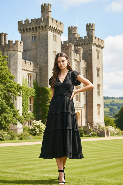 Romantic and timeless, the PINCH Ruffled Tea-Length Dress features tiered layers, flutter sleeves, and a smocked back waistband for a flattering, effortless fit.