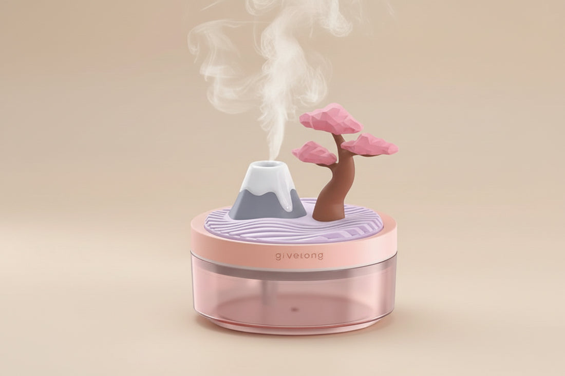 Cherry tree plant humidifier with cool mist and 7-color night light. Quiet 320ml desktop humidifier for houseplants, bedrooms, and desks.