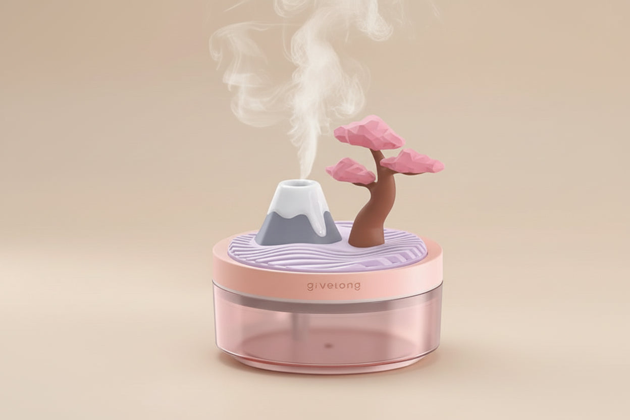 Cherry tree plant humidifier with cool mist and 7-color night light. Quiet 320ml desktop humidifier for houseplants, bedrooms, and desks.