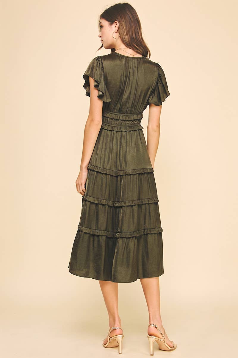 Olive tiered ruffle midi dress with a flattering V-neck, shirred empire waist and flutter sleeves. A romantic, flowing dress perfect for fall and events.