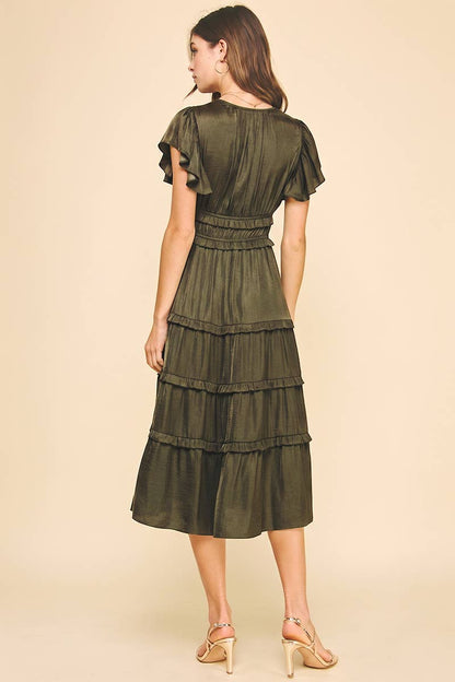 Olive tiered ruffle midi dress with a flattering V-neck, shirred empire waist and flutter sleeves. A romantic, flowing dress perfect for fall and events.