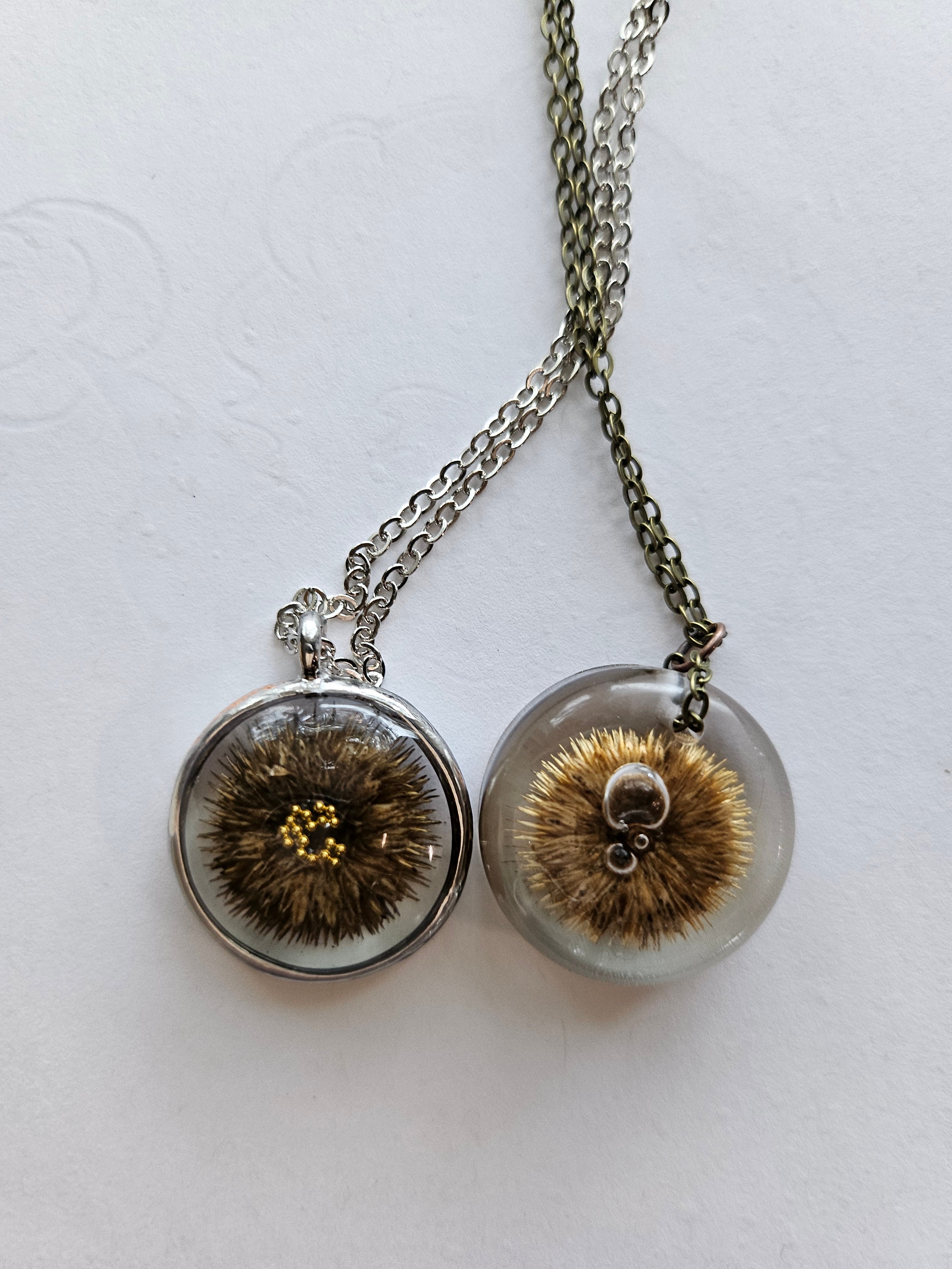 Gathered-in-the-Wild Botanical Necklace with real foraged flowers, mushrooms, pine needles, and leaves preserved in resin. Handcrafted wearable nature art by KStonely.