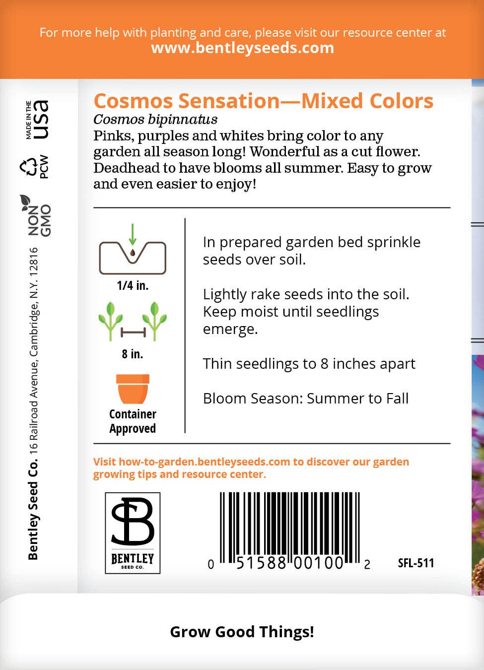 Seed Sensation Cosmos seeds with pink, purple, and white blooms. Easy-to-grow cottage garden flowers that attract bees and butterflies all summer.