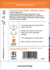 Seed Sensation Cosmos seeds with pink, purple, and white blooms. Easy-to-grow cottage garden flowers that attract bees and butterflies all summer.