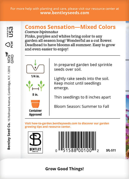 Seed Sensation Cosmos seeds with pink, purple, and white blooms. Easy-to-grow cottage garden flowers that attract bees and butterflies all summer.