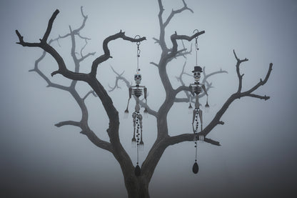 Skeleton Rattle &amp; Bone Hanging Chime handcrafted from vintage silverware with crystal accent—whimsical skeleton wind chime with soft sound and one-of-a-kind charm.