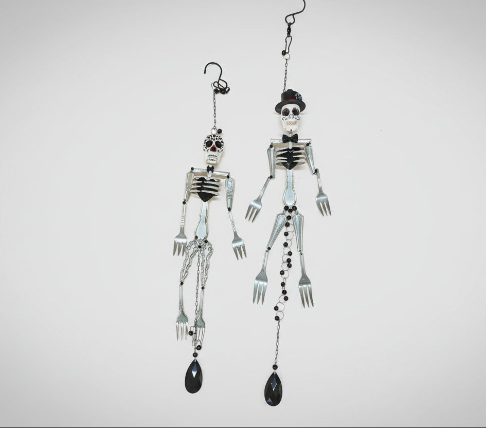 Skeleton Rattle &amp; Bone Hanging Chime handcrafted from vintage silverware with crystal accent—whimsical skeleton wind chime with soft sound and one-of-a-kind charm.