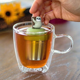 Cute Sloth Tea Steeper with silicone cap and fine mesh. Perfect for hot or iced tea, reusable, giftable, and designed with heart.