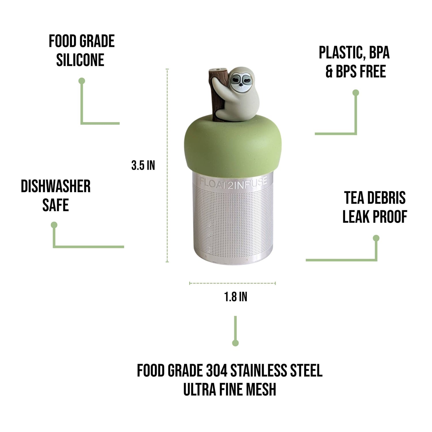 Cute Sloth Tea Steeper with silicone cap and fine mesh. Perfect for hot or iced tea, reusable, giftable, and designed with heart.