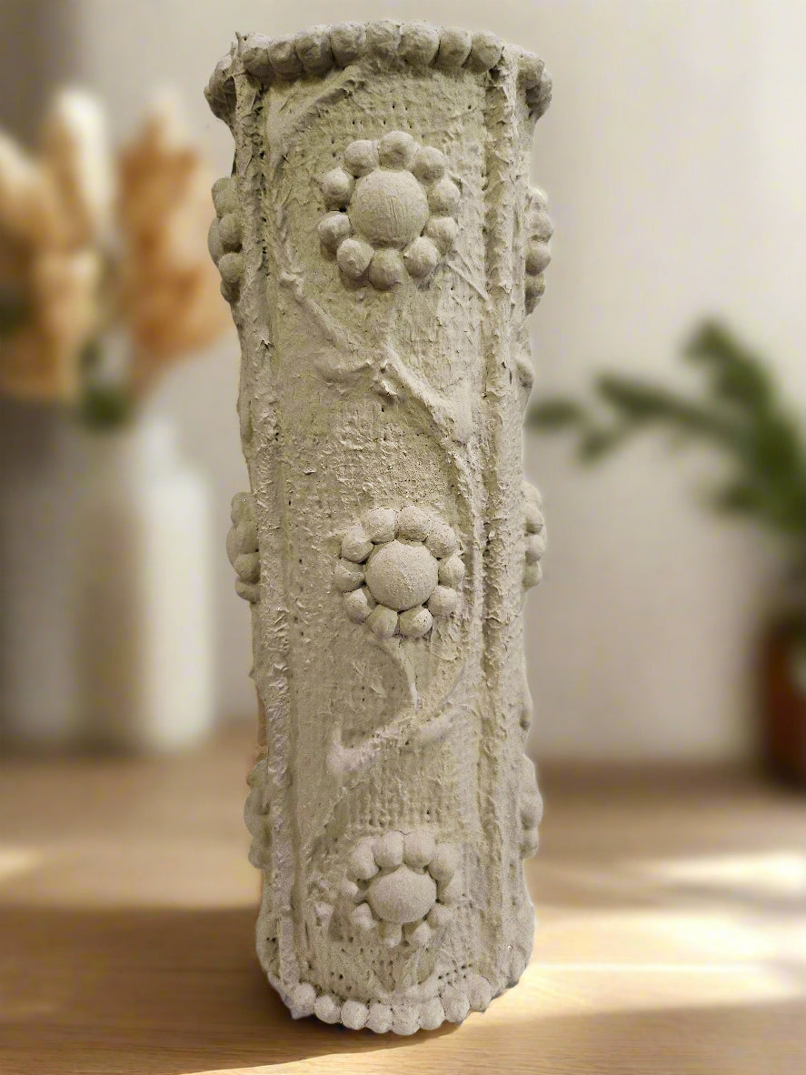 Elevate your space with this handcrafted upcycled glass Relics Small Cylinder Vase. Made from reclaimed materials, each piece is unique, eco-friendly, and artfully designed. Choose from Matte Grey, Matte Sand finishes. Watertight and perfect for fresh or dried blooms.