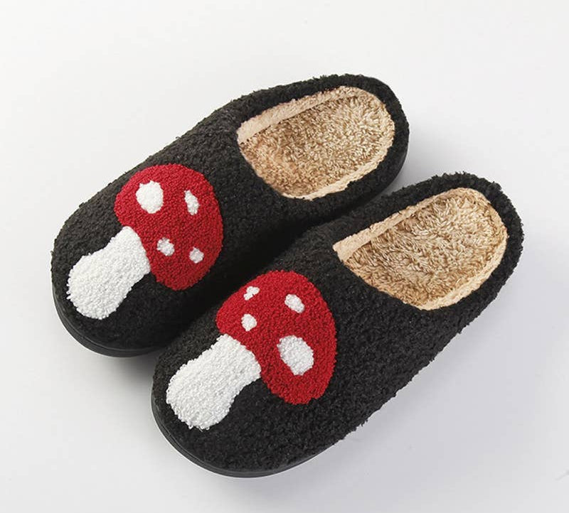 Soft plush cozy slippers in whimsical Mushroom or festive Reindeer style. Made with 66% cotton, 32% polyester & 2% spandex for warm, comfy all-day wear.