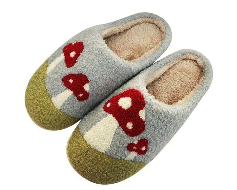 Soft plush cozy slippers in whimsical Mushroom or festive Reindeer style. Made with 66% cotton, 32% polyester & 2% spandex for warm, comfy all-day wear.