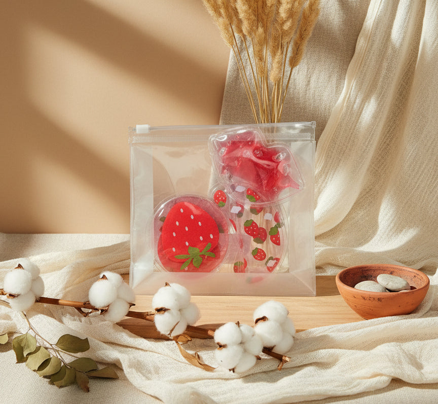 Spa gel pad collection with five reusable pads—including one lip pad, two round eye pads, and two under-eye patches