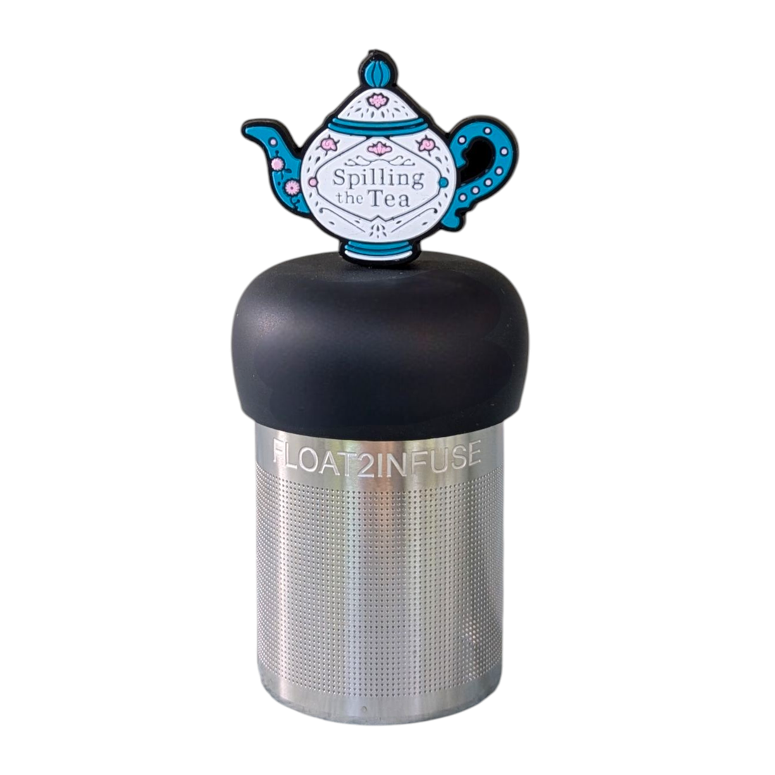 Spilling the Tea floating tea infuser with stainless-steel mesh and silicone top. Cute, reusable, dishwasher-safe steeper for loose-leaf tea lovers.