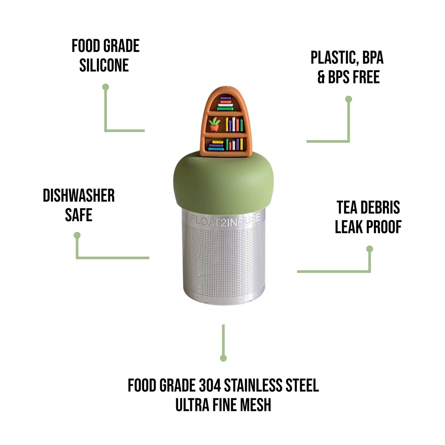 Plant Bookshelf Tea Steeper makes loose leaf tea easy in any cup. Reusable, dishwasher safe, eco-friendly. A perfect gift for tea and book lovers.