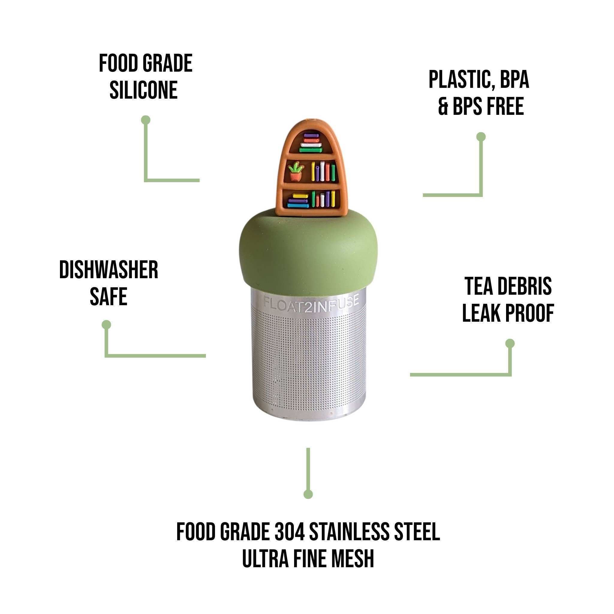 Plant Bookshelf Tea Steeper makes loose leaf tea easy in any cup. Reusable, dishwasher safe, eco-friendly. A perfect gift for tea and book lovers.