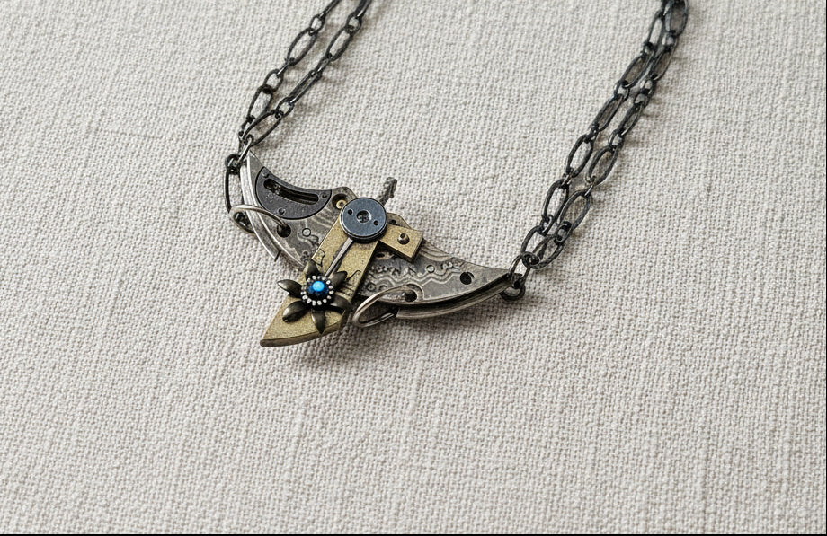 Steampunk pendants with gears, chains, tags, beads, and airship-inspired designs. Handcrafted, unique mixed-media necklaces perfect for cosplay, gifting, and fans of steampunk