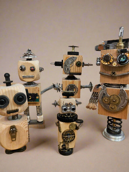 The Handmade Wood Block Steampunk Robot is a unique, decorative figurine crafted from wood with an aged, rustic look. Each robot is one-of-a-kind for display only. Includes a heart-shaped balloon. Available in various sizes, it&