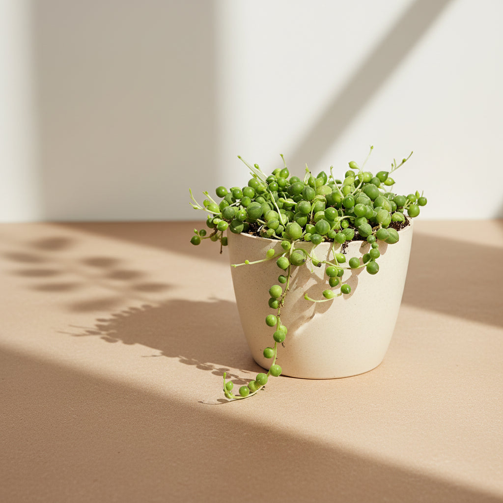 The String of Pearls (Senecio rowleyanus) is a cascading succulent with bead-like leaves, ideal for hanging planters and shelves. 