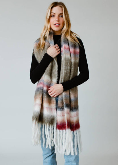 Striped fringe scarf in olive, beige, pink, and maroon. Soft acrylic blend, 12&quot; x 72&quot;, cozy, stylish, and versatile for layering in any season.