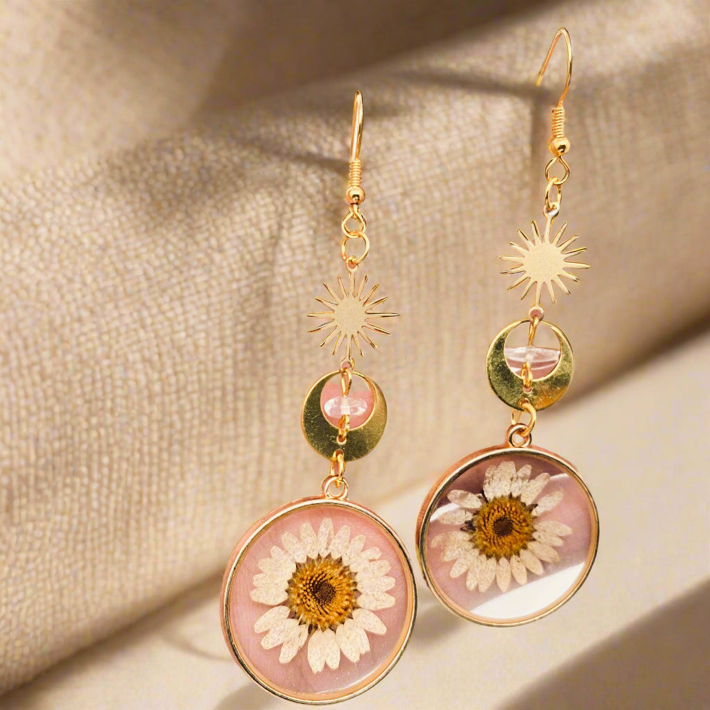 Sun &amp; Moon Daisy Drop Floral Earrings with daisy pendants. Lightweight, hypoallergenic, nickel- and lead-free—perfect for celestial style lovers.