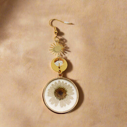 Sun &amp; Moon Daisy Drop Floral Earrings with daisy pendants. Lightweight, hypoallergenic, nickel- and lead-free—perfect for celestial style lovers.