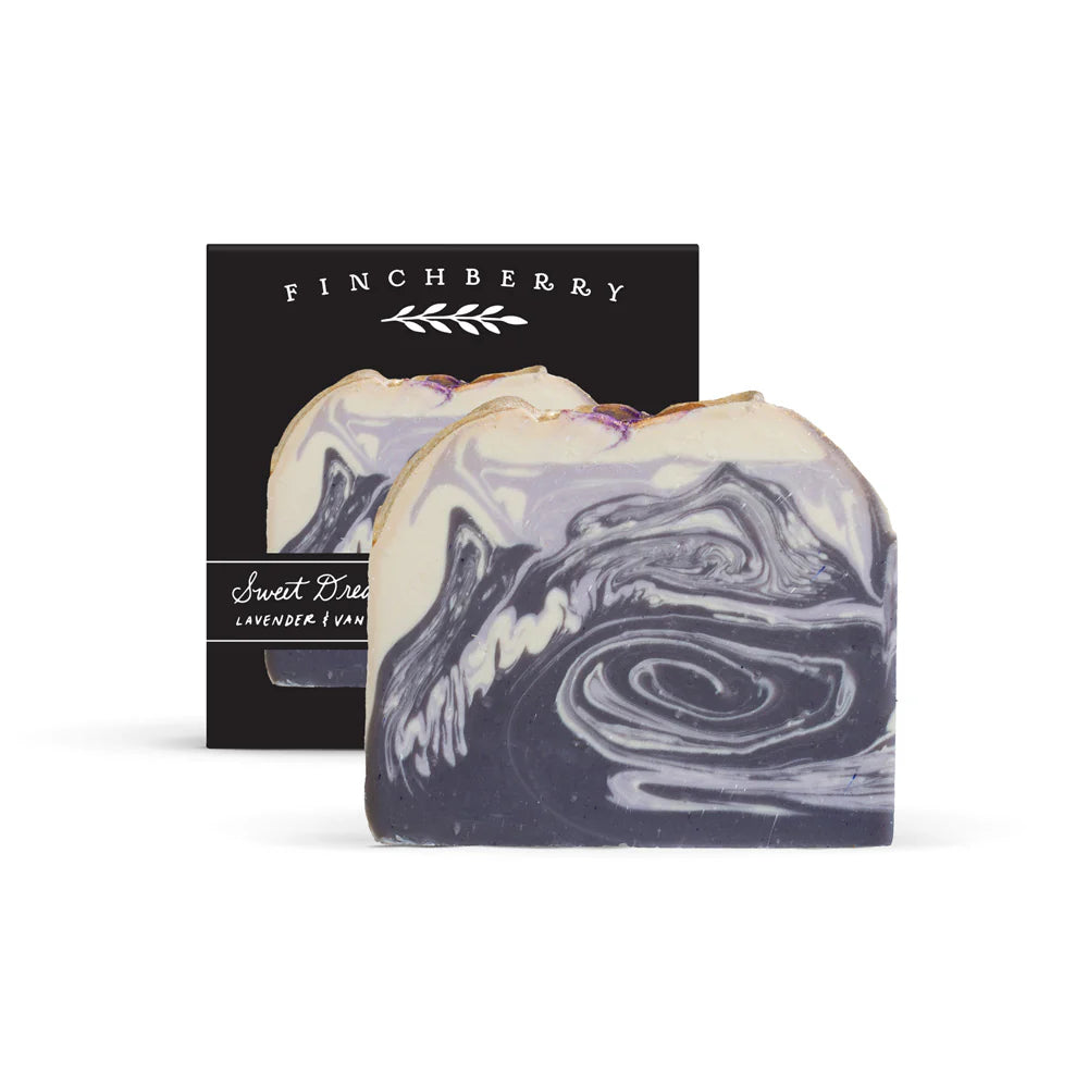 Sweet Dreams Vegan Soap—lavender and vanilla calm the senses with a creamy, soothing lather. Gold-topped, marbled, and crafted with organic oils.