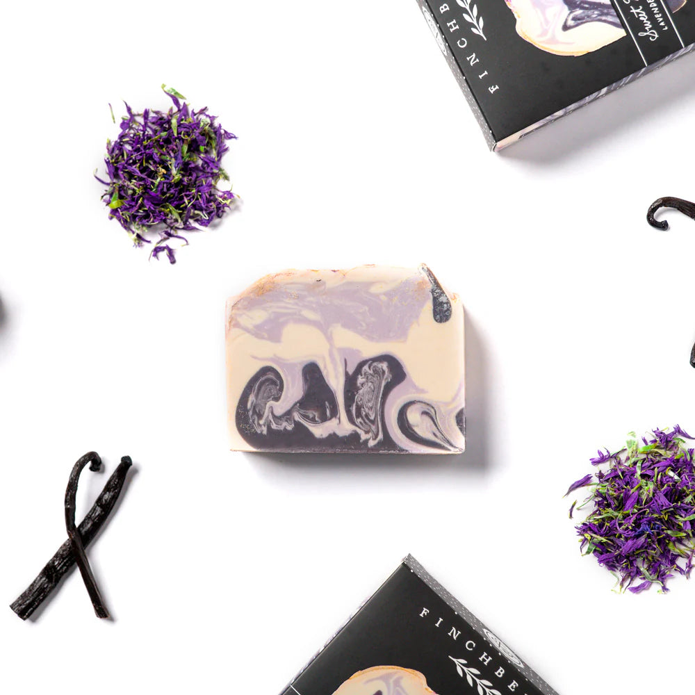 Sweet Dreams Vegan Soap—lavender and vanilla calm the senses with a creamy, soothing lather. Gold-topped, marbled, and crafted with organic oils.