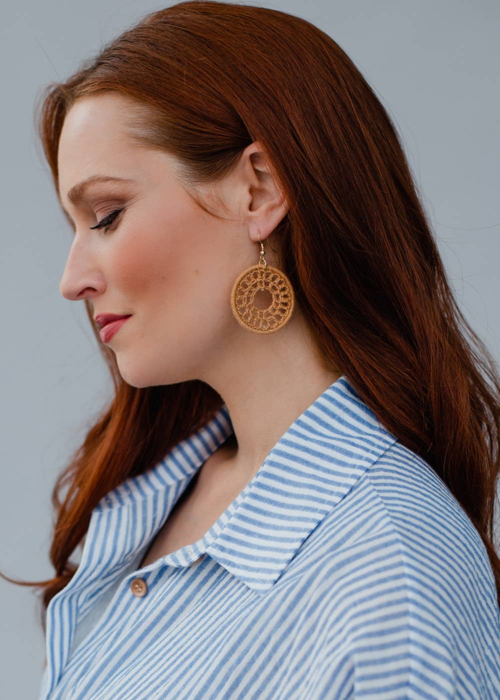 Crochet dangle earrings with gold accents, 2.5" length. Lightweight, hypoallergenic, and lead/nickel free—perfect boho-chic accessory for everyday style.