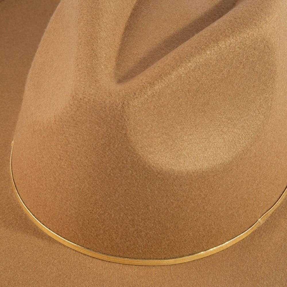 Flat brim fedora hat with herringbone chain detail and structured silhouette. A chic modern accessory perfect for elevated everyday, boho, and western-inspired style.