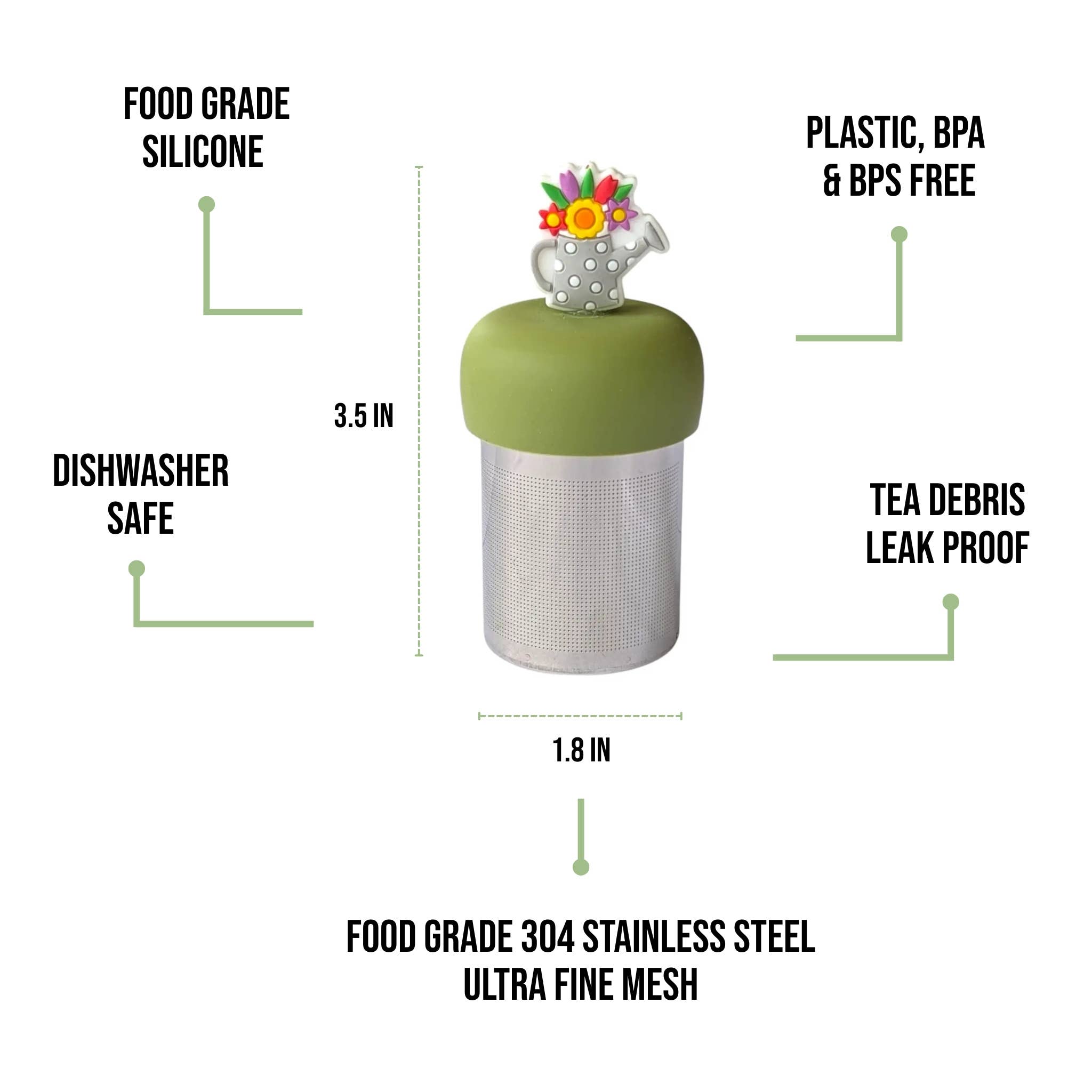 Floral watering can tea infuser with silicone and stainless steel mesh. Reusable, cute, and perfect for loose leaf tea lovers. Fits most mugs.